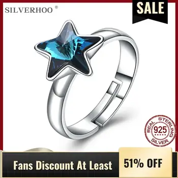 

SILVERHOO 925 Sterling Silver Opening Adjustable Rings For Women Blue Austria Crystal Star Ring Fine Jewelry Anniversary Gift