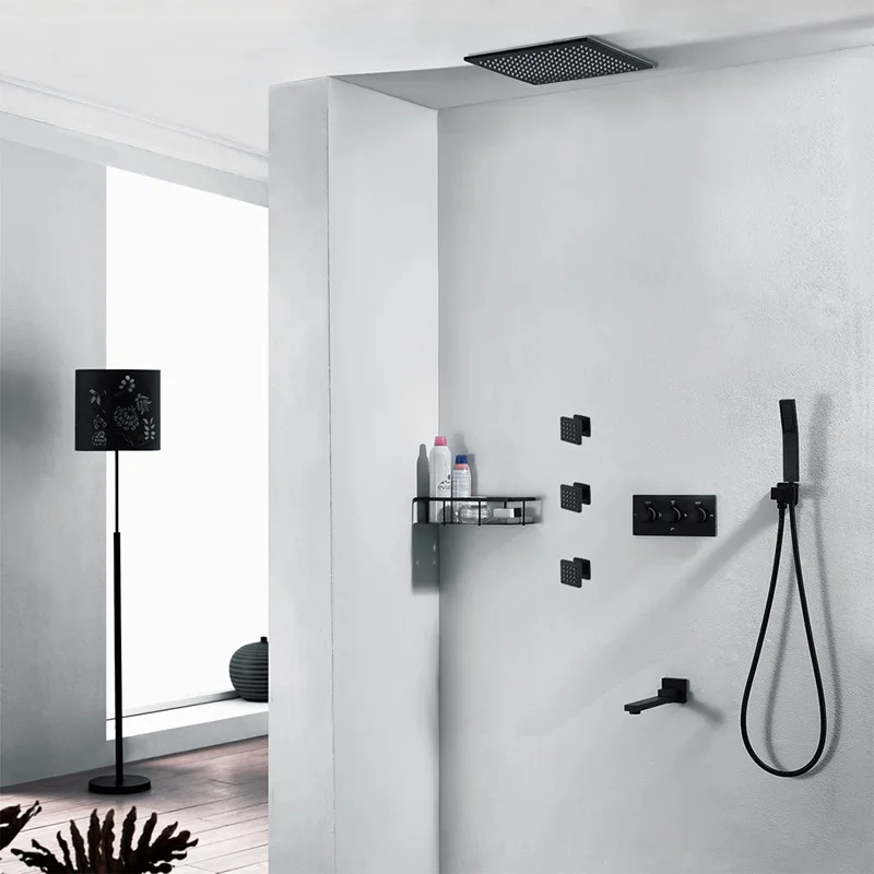 

Wall-in Black And White with Pattern Concealed Shower Set 12-Inch Awning Top Spray Cold Embedded Control Valve HI05024H-2