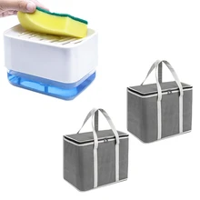 2 Pack Insulated Reusable Grocery Bags - Heavy Duty Shopping Bag With Soap Dispenser For Kitchen Sink + Sponge Holder