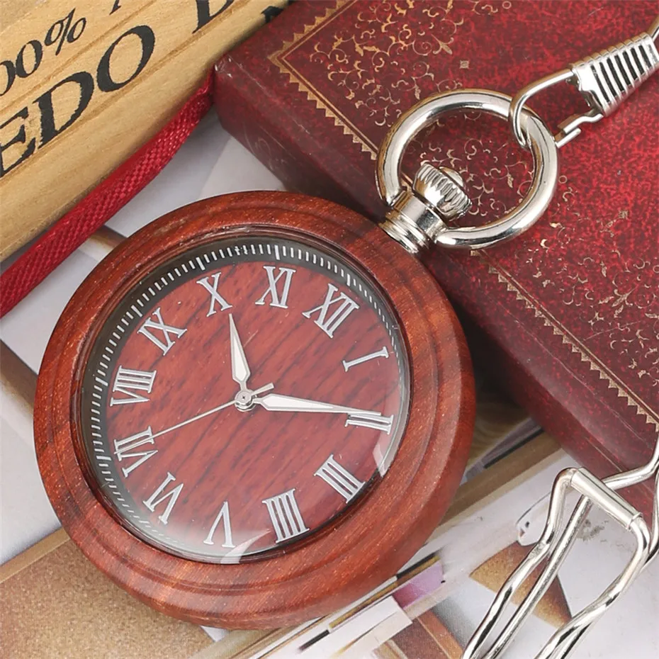 

Old Fashioned Wooden Watch Quartz Pocket Watch Roman Numerals Display Luminous Hands Red Wood Handing Pendant Clock New 2019