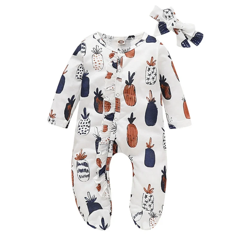 

1Pc Baby Boy Girl Spring And Autumn Long Sleeve Cotton Cute Cartoon Pattern Bodysuit+Headband Newborn Romper Set