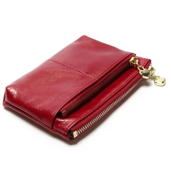 

New TAUREN High Quality Genuine Leather Women Mini Wallet Oil Wax Leather Coin Purse Coin Credit Card Holder With Metal Ring
