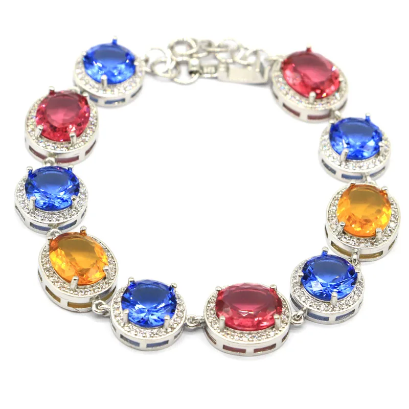 

12x10mm Multi Color Citrine Tanzanite Tourmaline CZ Wedding Silver Bracelet 7.0-8.0inch