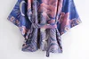 Boho Vintage blue Floral Print Sashes  Women bohemian V Neck batwing Sleeves  happie short robe Kimono ► Photo 3/6