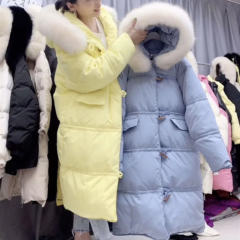Winter Fashion Horn Button White Duck Down Jacket