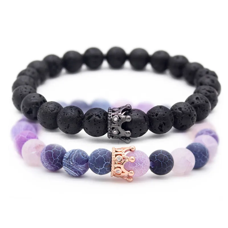 black purple 8 мм браслеты с бусинами из натурального камня и браслеты Король Королева пара браслет для влюбленных его и ее ювелирные изделия ручной работы MBR180309 - Окраска металла: black purple