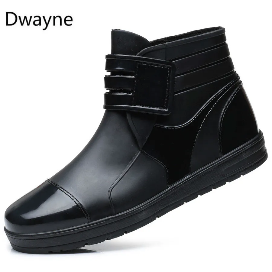 

Dwayne Fashion PVC Waterproof RainBoots Waterproof Flat Shoes Men Black Rainboots Blue Rubber Ankle Boots Buckle Botas 896