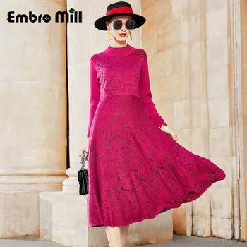 

Autumn And Winter New Street Style Elegant Luxury Ladies Long Sleeve Loose Mid-Length Printing Knitted Wool Dress M-2XL