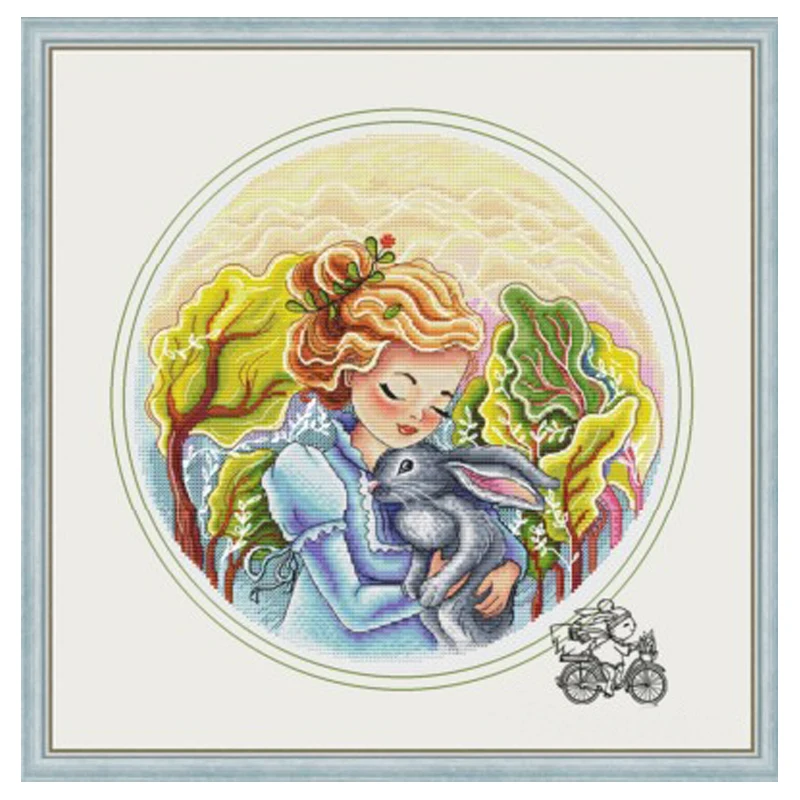 Girl and rabbit Color forest Girl with flowers