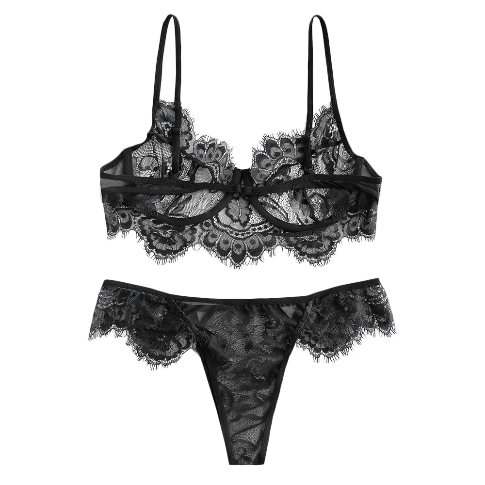 ZAFUL Lace Underwire Sheer Hollow Out Lingerie Set For Women Full Cup Back Closure Adjusted-Straps Female Sexy Set