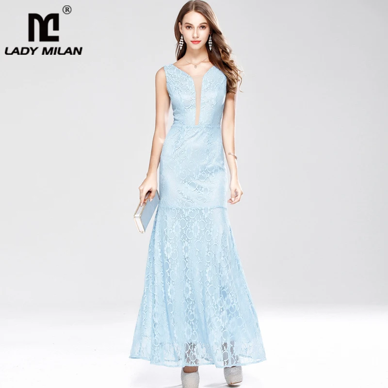 

Lady Milan Women's Party Prom Sexy V Neck Sleeveless Patchwork Embroidery Lace Elegant Long Casual Dresses