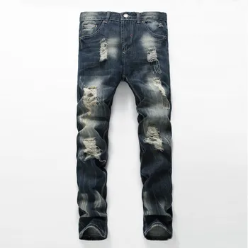 

2020 MEN'S Wear Dark Blue with Holes Jeans Teenager Large Tattered Applique Trousers