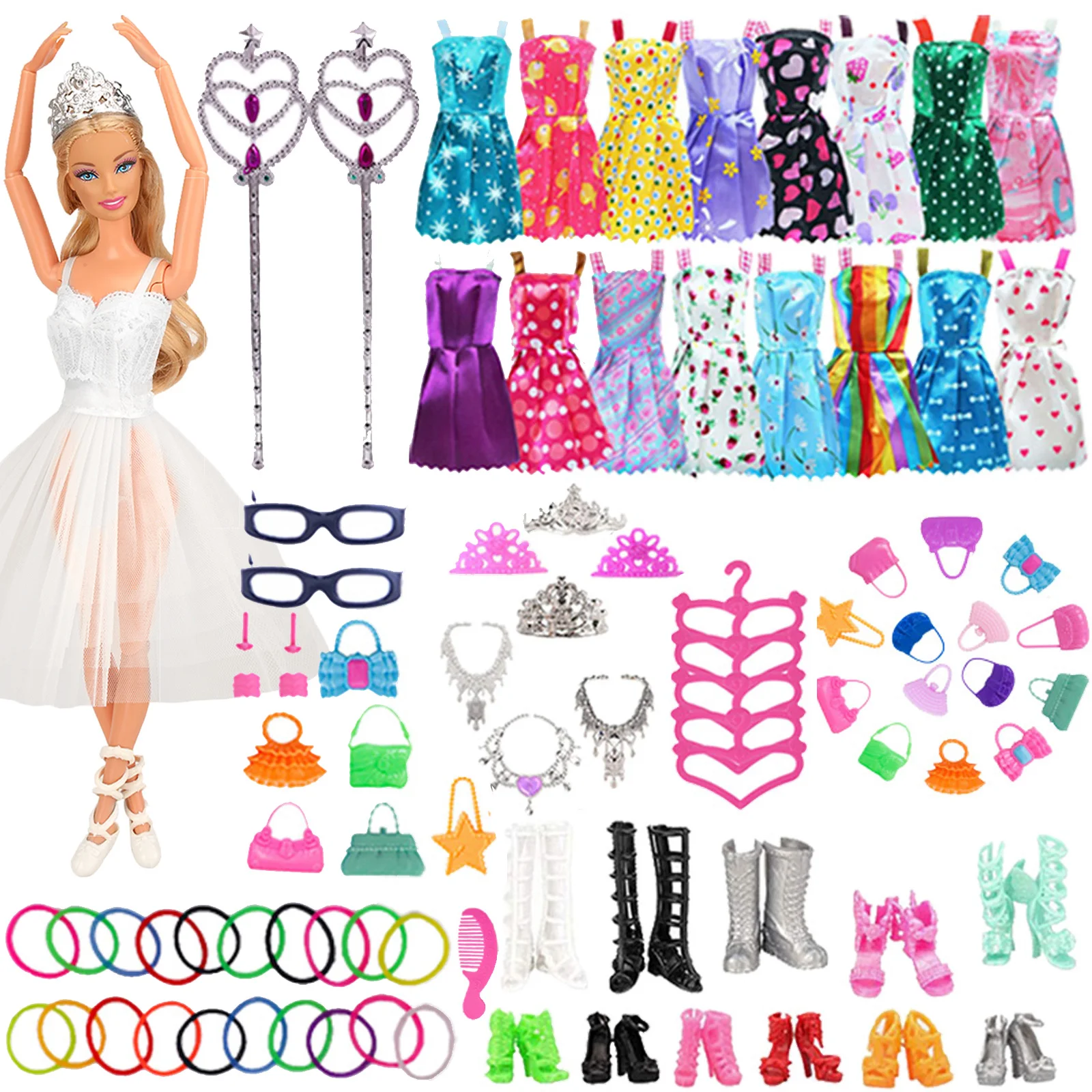 79 Pz/Set Barbie Vestiti Per Bambole Accessori Per Barbie Scarpe Da Bambola Stivali Mini Abito Borse Corona Appendini Occhiali Per Barbie Doll
