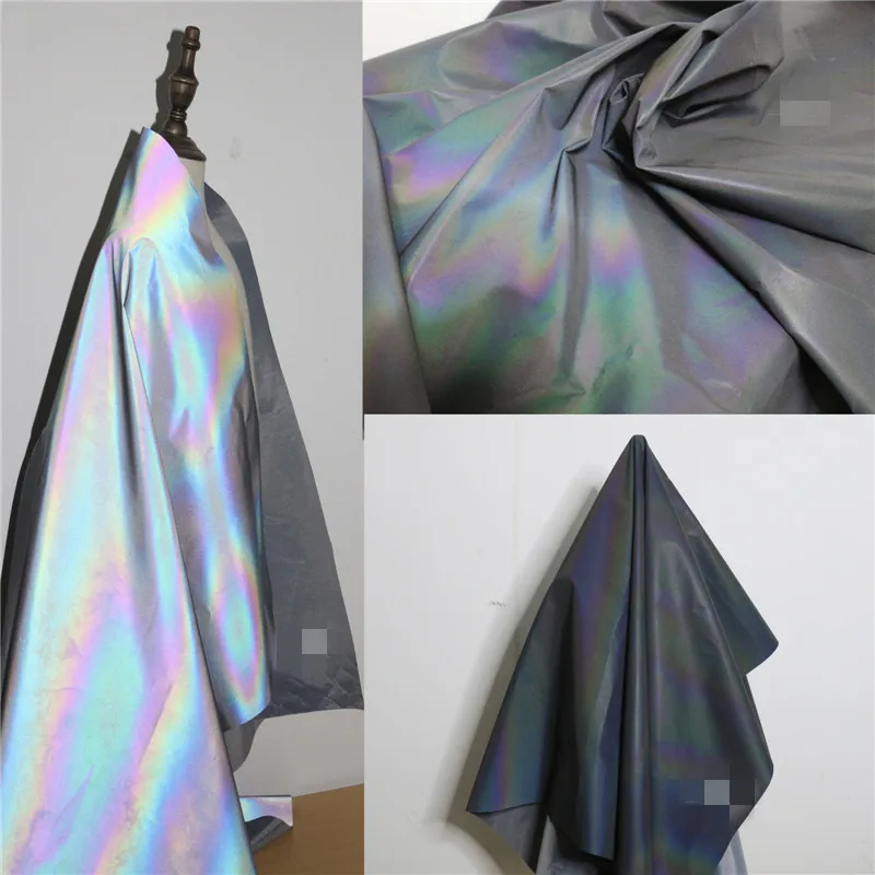 

50cm*140cm/pieceDazzle color high purity rainbow reflective cloth bright future colorful reflective luminous fashion trench coat