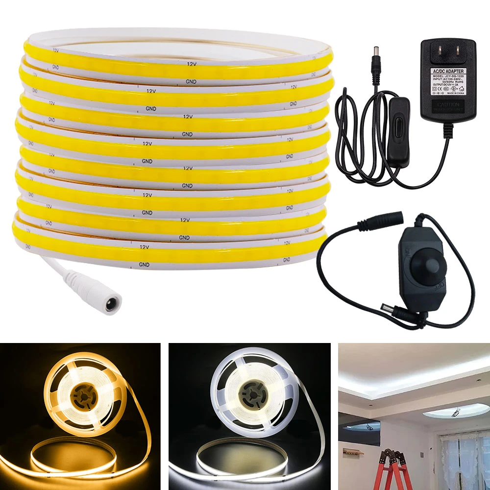 Tira de luces LED COB regulable, 12V, cinta de luces LED de alta densidad,  doble interruptor, atenuador, Kit de alimentación, EE. UU., UE, Reino  Unido, 480LED, 320LED, 528LED|Tiras LED| - AliExpress