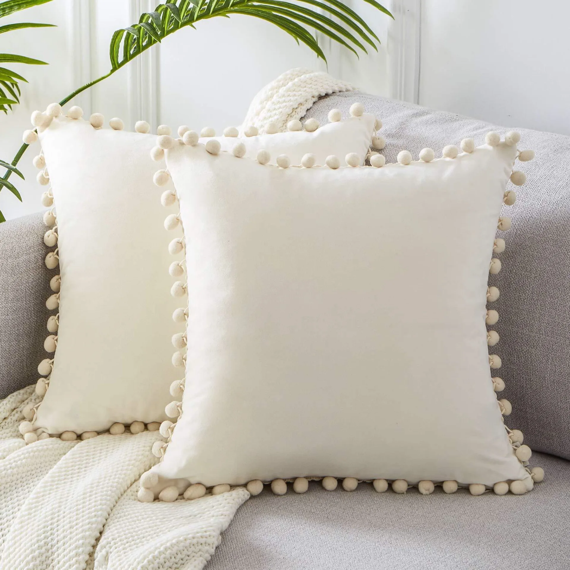 Velvet Decorative Cushion with Ball Home Decor Sofa Pillowcase  Pure Color Drop Ball Plush Car Home Office Throw Pillowcase 