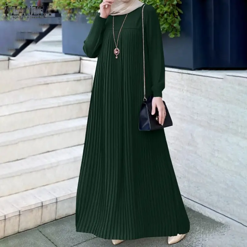 

Women Fashion Dresses Casual Muslim Kaftan Robe 2023 Loose Solid Party Full Sleeve Pleated Retro Bohemian Long Maxi Shirt Dress