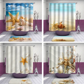 

Beach Sand Printed Shower Curtains Foot Pad Bathroom Curtain Fabric Waterproof Macrame Screen Home Decor With Hanging Ring