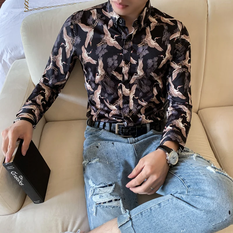 Уличная одежда, повседневные рубашки, верхняя одежда, Camisas Para Hombre, осенняя длинная Мужская рубашка с золотым принтом, Мужская сорочка, Homme Manche Longue, мужская рубашка - Цвет: black