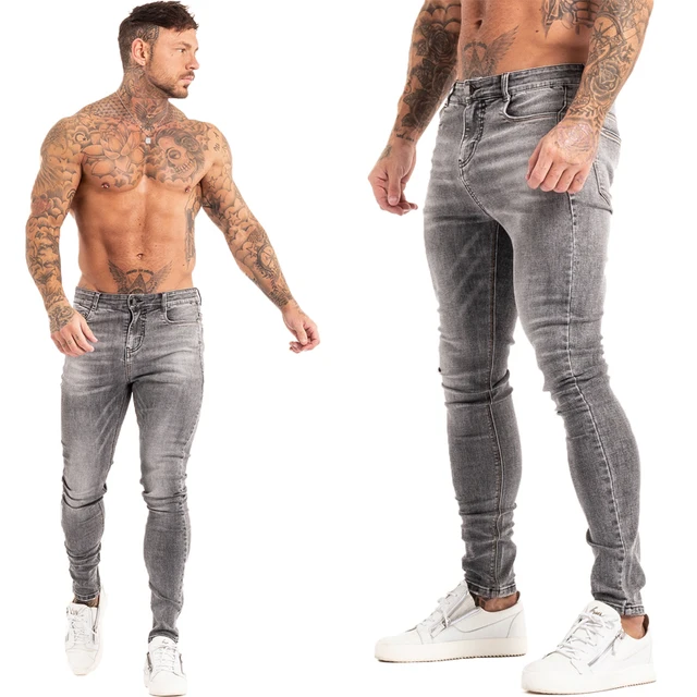 GINGTTO Jeans Men Elastic Waist Skinny Jeans Men 2020 Stretch Ripped Pants Streetwear Mens Denim Jeans Blue grey zm129