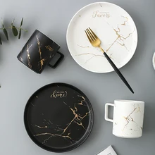 Белое и черное золотистое круглое золото тактный керамический набор обеденных тарелок фарфор столовая посуда миска для рисового супа блюдо украшение дома