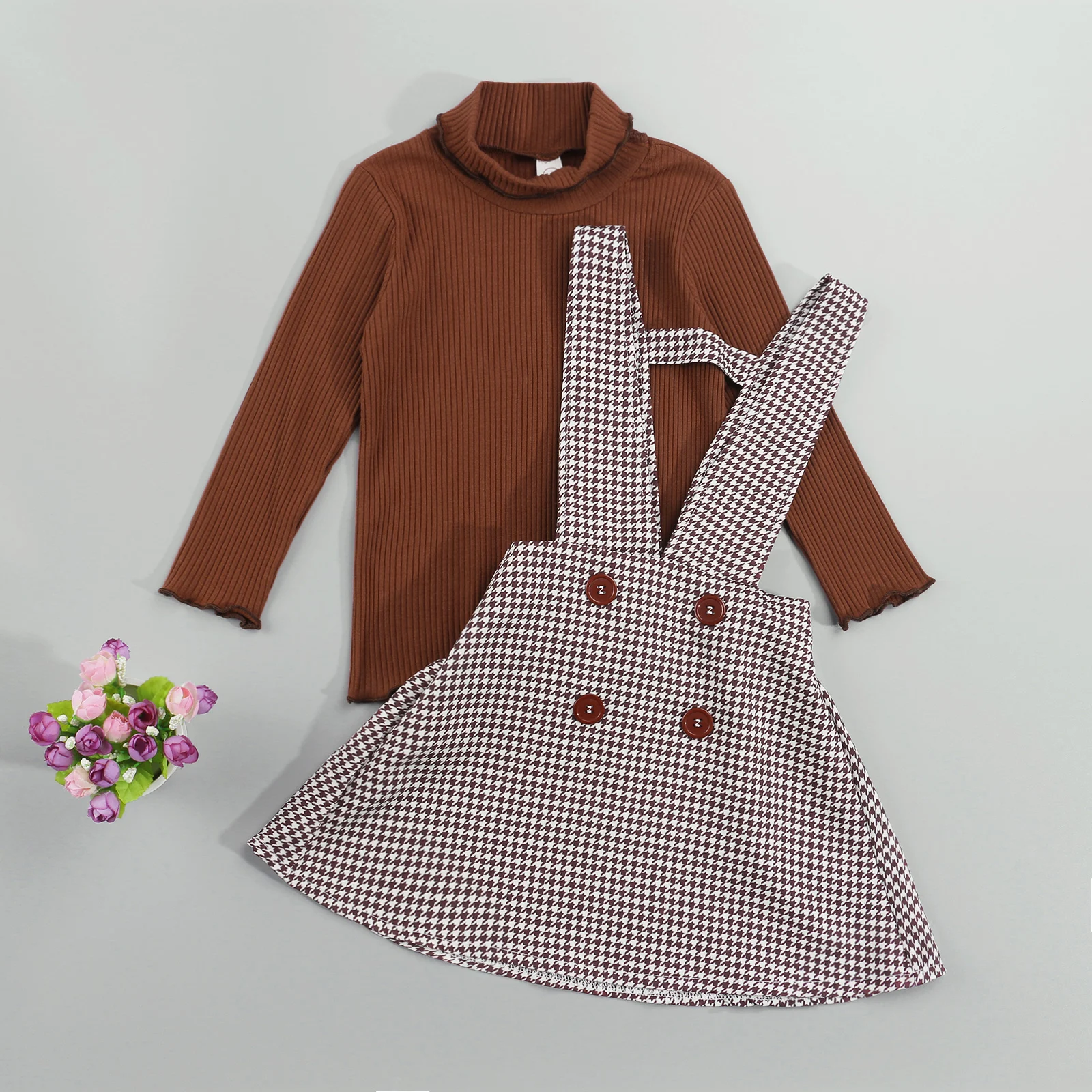 Girls Clothing Set Autumn Fashion Clothes Set 2 Pieces Suit Solid Turtleneck Tops + Plaid Suspender Skirt Kids Sets 1-6Y