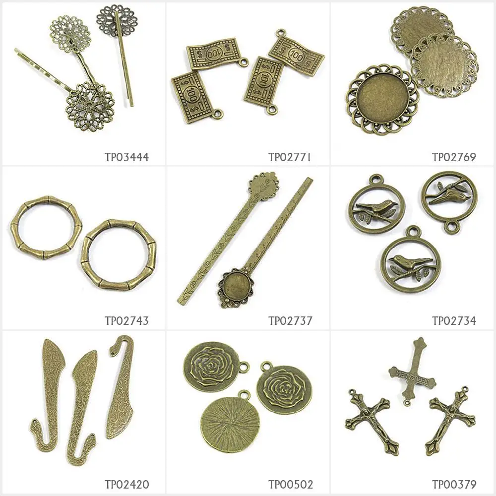 

Antique Bronze Plated Jewelry Making Charms Jerusalem Latin Cross Rose Signs Flower Bookmark Hair Sticks Bird Stand Ruler Round