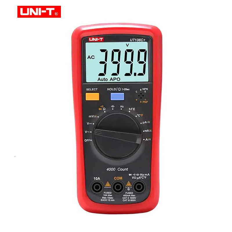 UNI-T UT136C+ цифровой мультиметр AC DC Вольт измеритель тока; Ом Емкость диод/Транзистор тестер температуры с ЖК-подсветкой