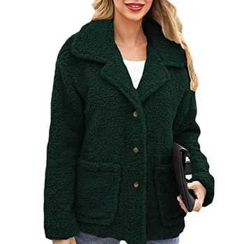 

Lapel Double Pocket Winter Jacket Button Long Sleeve Plush Ladies Oversized Faux Fur Outwear Casual Short Women Coat Warm