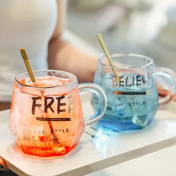 

Creative Geometry Glass Mug Gold Plated Letter Handle Cup Coffee Milk Tea Mug Home Office Drinkware Couple Gifts