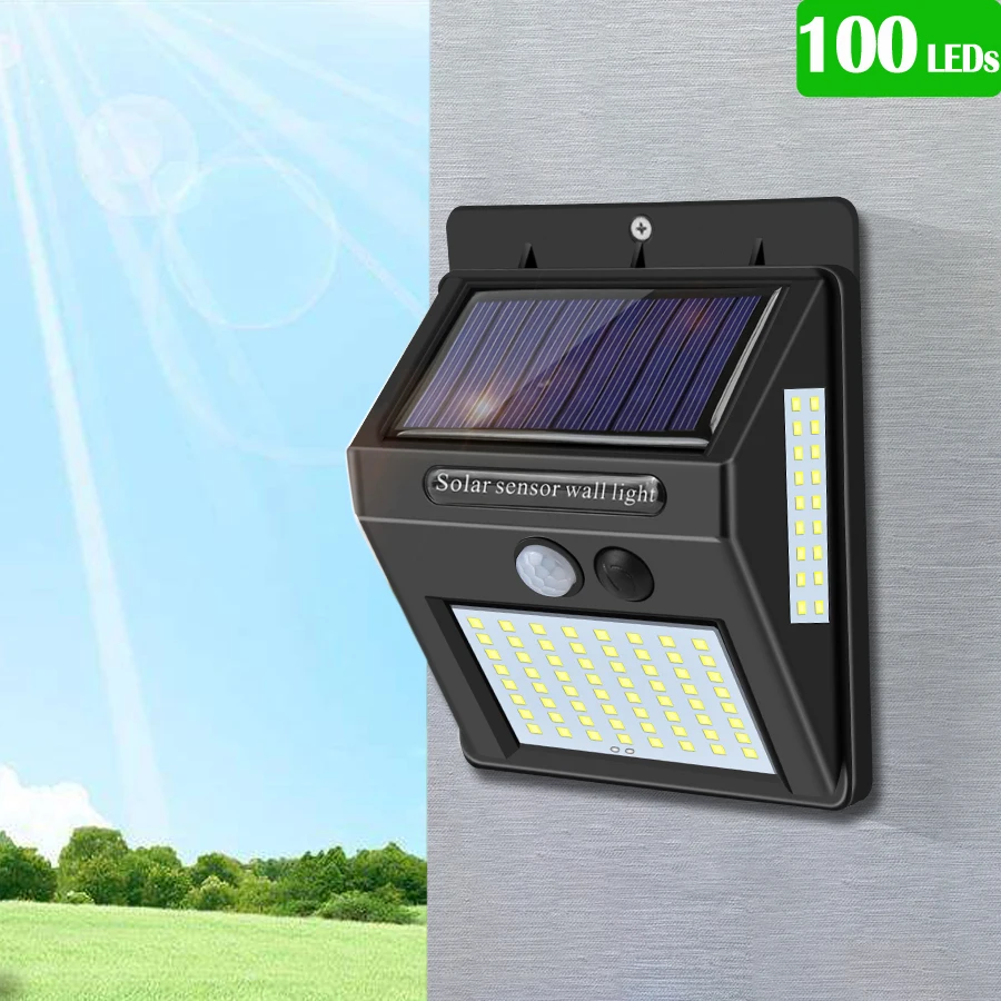 

100 LEDs Solar Porch Lights Outdoor Wall Lamp IP65 PIR Motion Sensor Street Light Garden Fence Garage Outdoor Security Lighting