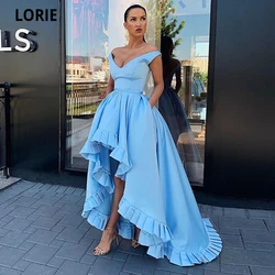 LORIE High/Low Satin Evening Dresses Long Prom Party Gowns with Lacing Packet Plus Size Custom Made 2020 Blue Celebrity Dresses