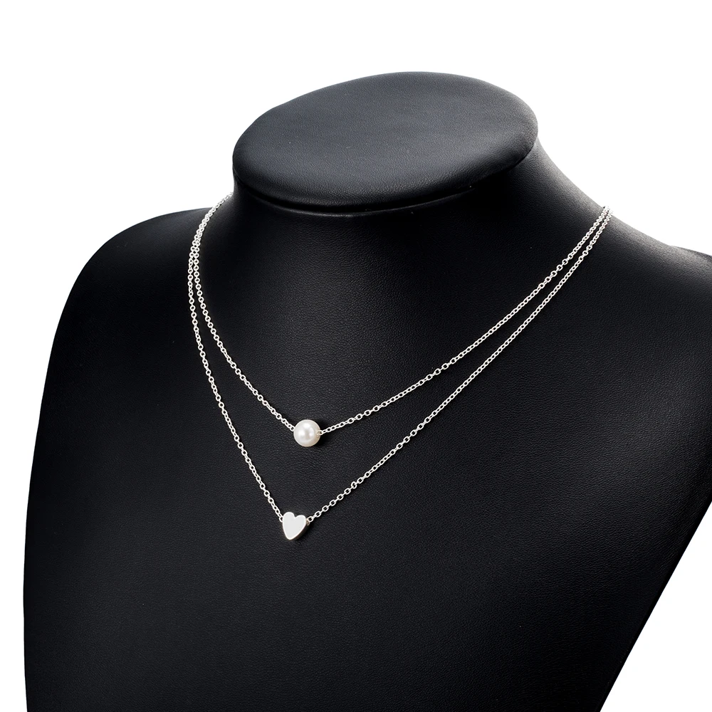 

Bohemia Simple Fashion Imitation Pearl Love Heart Double Layer Clavicle Chain Necklace Accessories Female Jewelry New