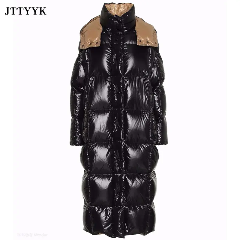 

2020 Winter Women Down Jacket Bread Thickening Classic Glossy Black Leather Fashion Hooded Jacket Female Long Jackets Coat Women