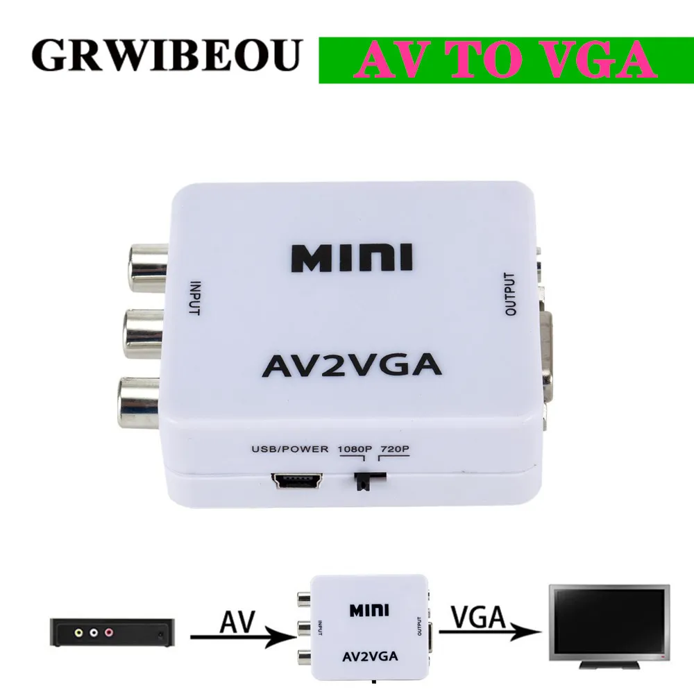  Grwibeou Hd AV2VGA Video Converter Box Convertitore Mini Av Rca Cvbs Al Convertitore Video Vga con 