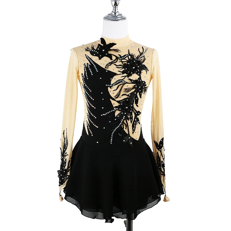 Black Figure Skating Dress Cheongsam Ice Figure Skating Skirt Beautiful Skirt Stereo Lace Flower Girl/Woman