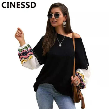 

CINESSD Women Embroidery Knitted Sweaters Round Neck Long Lantern Sleeve Casual Tops Patchwork Loose Pullover Sweater Tee Shirts