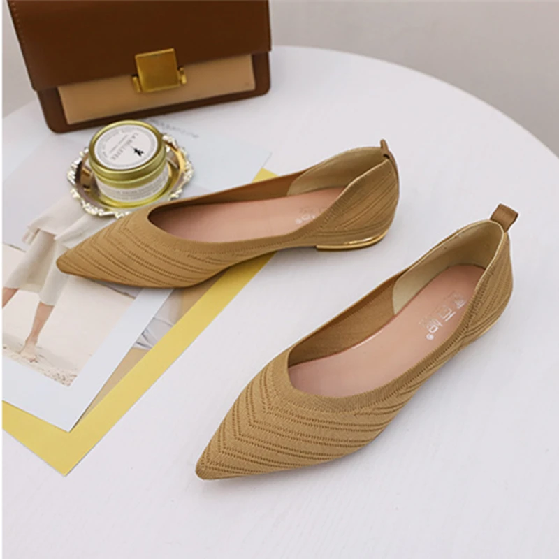 New Pointed Peas Shoes Women Flat Shoes Knit Moccasin Mixed Color Ballet Woman Soft Single Shoes Breathable Mujer Zapatos De 40