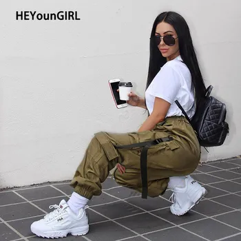 

HEYounGIRL Hip Hop Black High Waist Pants Capris Streetwear Harajuku Cargo Pants Women Casual Sweatpants Pockets with Straps