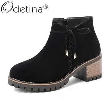

Odetina Women Winter Elegant Side Zipper Block High Heel Ankle Boots Female Platform Bow Sewing Round Toe Faux Suede Short Boots