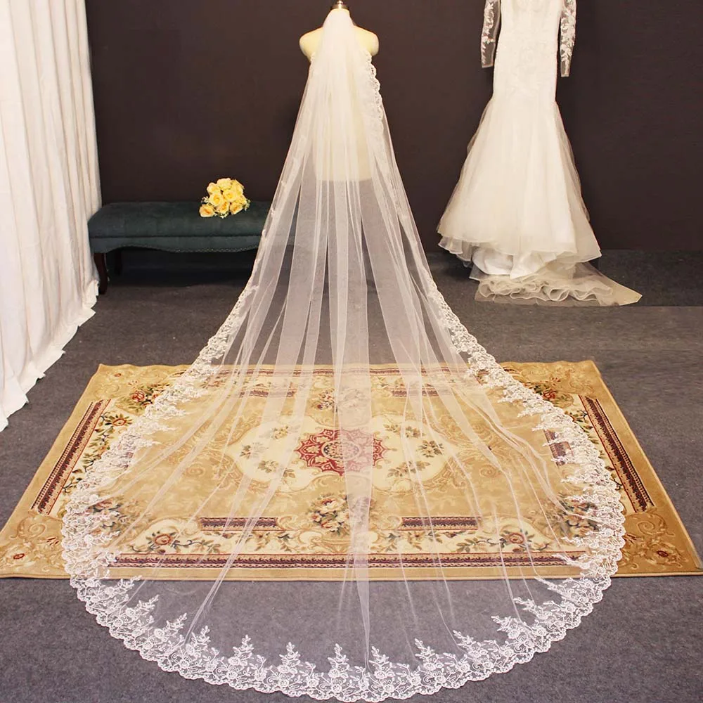 New Arrival Full Edge with Lace Long Wedding Veil 3.5 Meters One Layer Bridal Veil Veu de Noiva Veil with Comb Bride Accessories three layer beaded bridal veils new arrival 2023 fashion 1 meter pure yarn bead edge wedding veil ivory wedding accessories