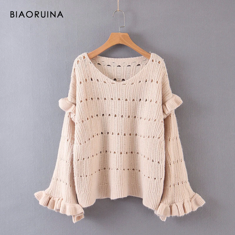 

BIAORUINA 4 Color Women's Korean Style Hallow Out Knit Sweater Flare Sleeve Ruffles V-neck Sweet Girls Pullover 2019 Autumn