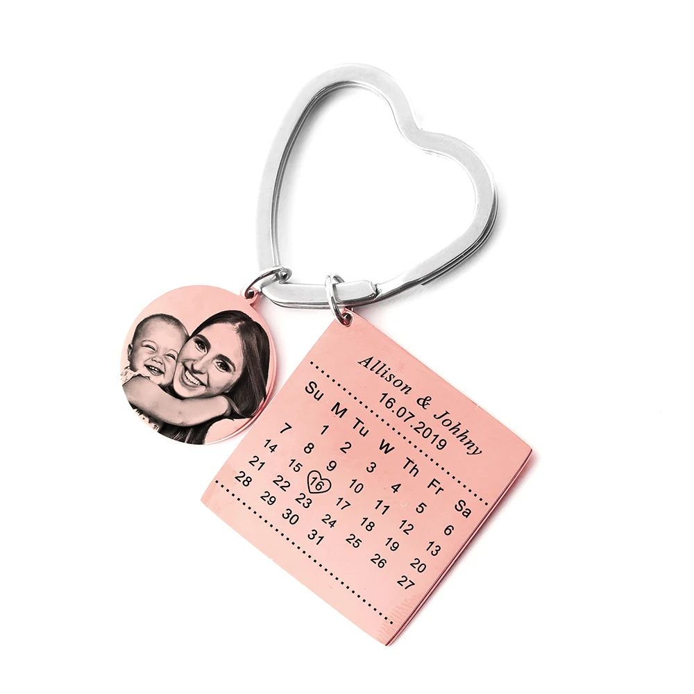 Персонализированные пользовательские брелок для фотографии из нержавеющей стали выгравировать фото имя календарь юбилей с брелок с сердечком для Женщины Мужчины подарок