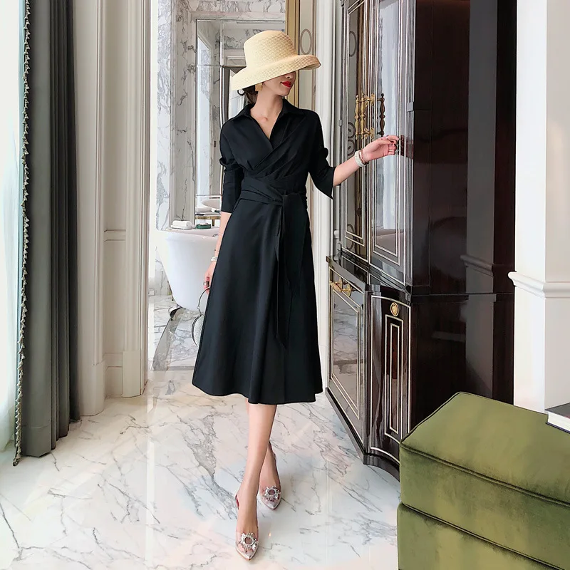 Women's Dress 2020 Spring and Summer Black Five-point Sleeves Long Waist | Женская одежда