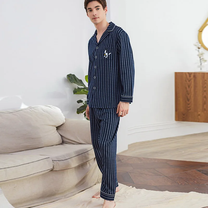 Aolamegs Men Pajamas Set Striped Print Sleepwear Soft Comfortable Plus Size Cartoon Embroidery Patch Simple Couple Homewear Aolamegs Men Pajamas Set Striped Print Sleepwear Soft Comfortable Plus Size Cartoon Embroidery Patch Simple Couple Homewear