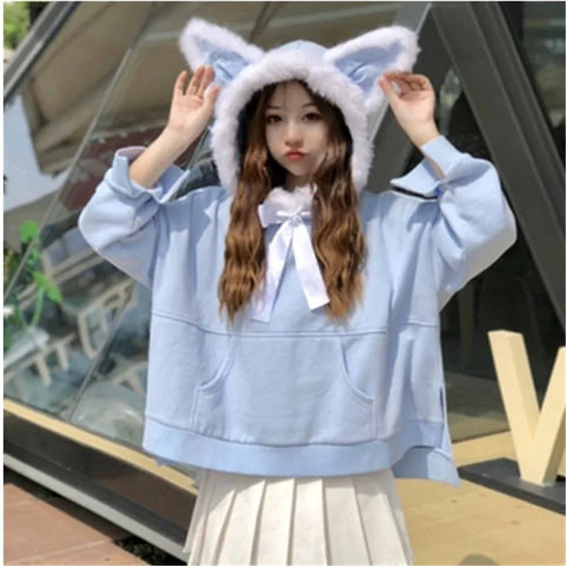  Cute Ear Autumn Women Hoodies Japanese Animal Ear Sweatshirt Winter Tops Loose Kawaii Outwear Haraj