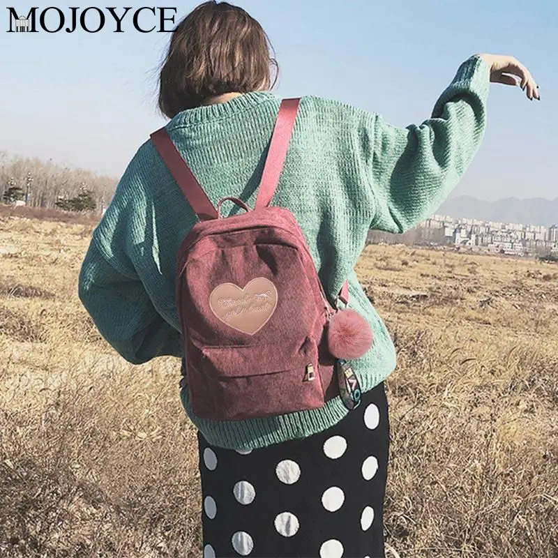 Винтажный женский маленький рюкзак из вельвета с помпоном на плечо для девочек-подростков, школьный рюкзак для путешествий и отдыха, Модный повседневный рюкзак