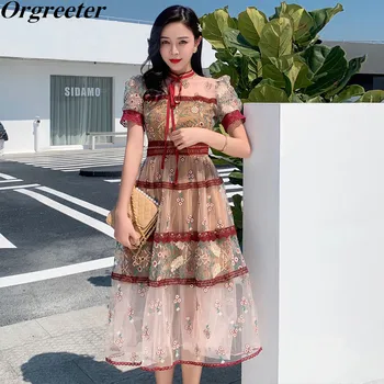 

Retro Stand collar Lace Mesh Patchwork Long Dress Summer New Floral embroidery Stitching Lace Trim Puff sleeve Mid-calf Dress