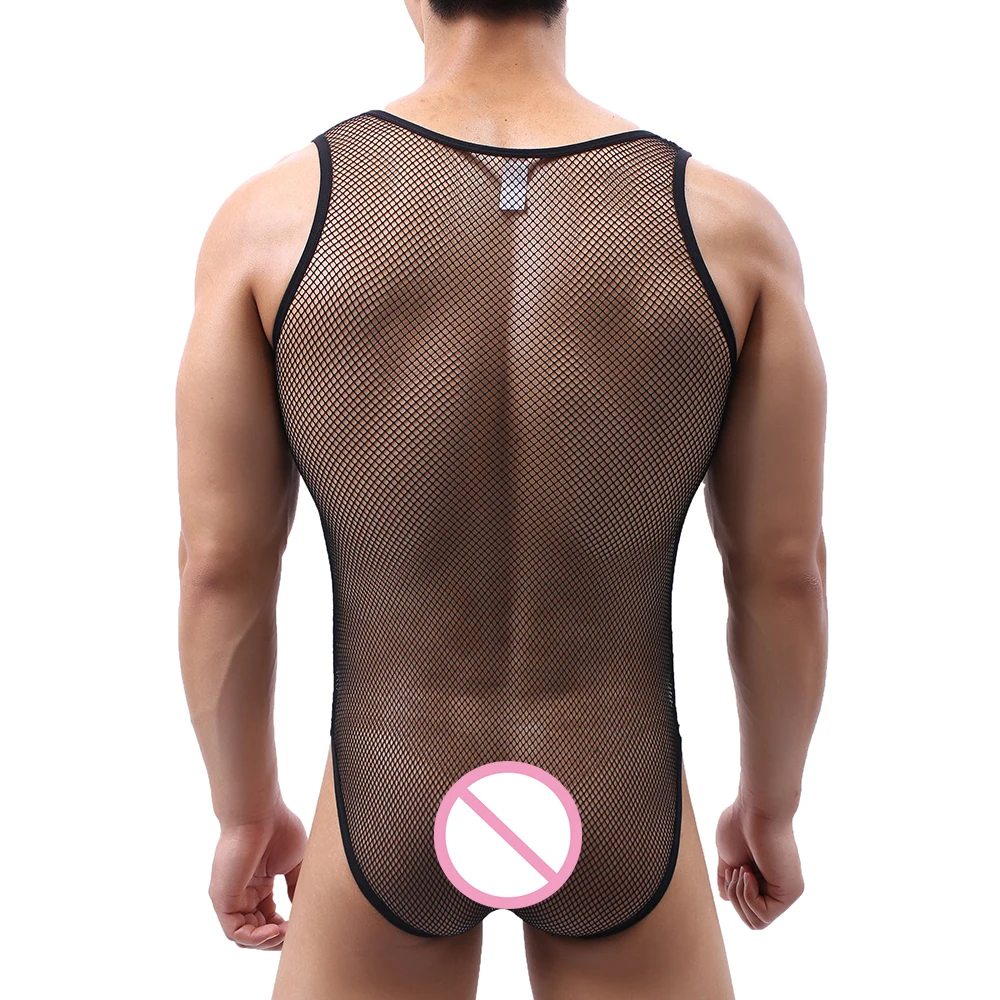 Sexy Lingerie Mesh Undershirts Mens Bodysuit Transparent Faux Leather Bugle Pouch Patchwork One-piece Wrestling Singlet Jumpsuit