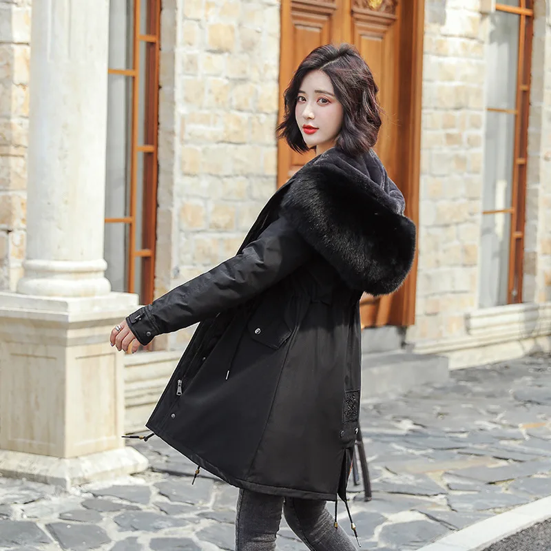 Хлопковая теплая парка, пальто для женщин, Зимняя Повседневная Длинная Меховая куртка с капюшоном, большие размеры, куртки, офисные женские корейские утепленные пальто, верхняя одежда